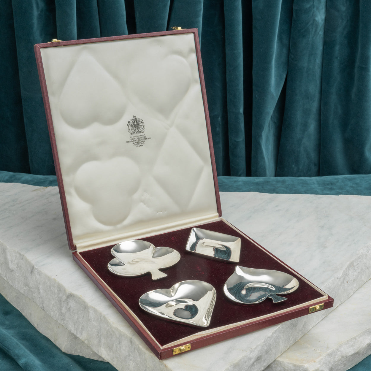 Asprey Cased Set of Silver Playing Card Suit Ashtrays
