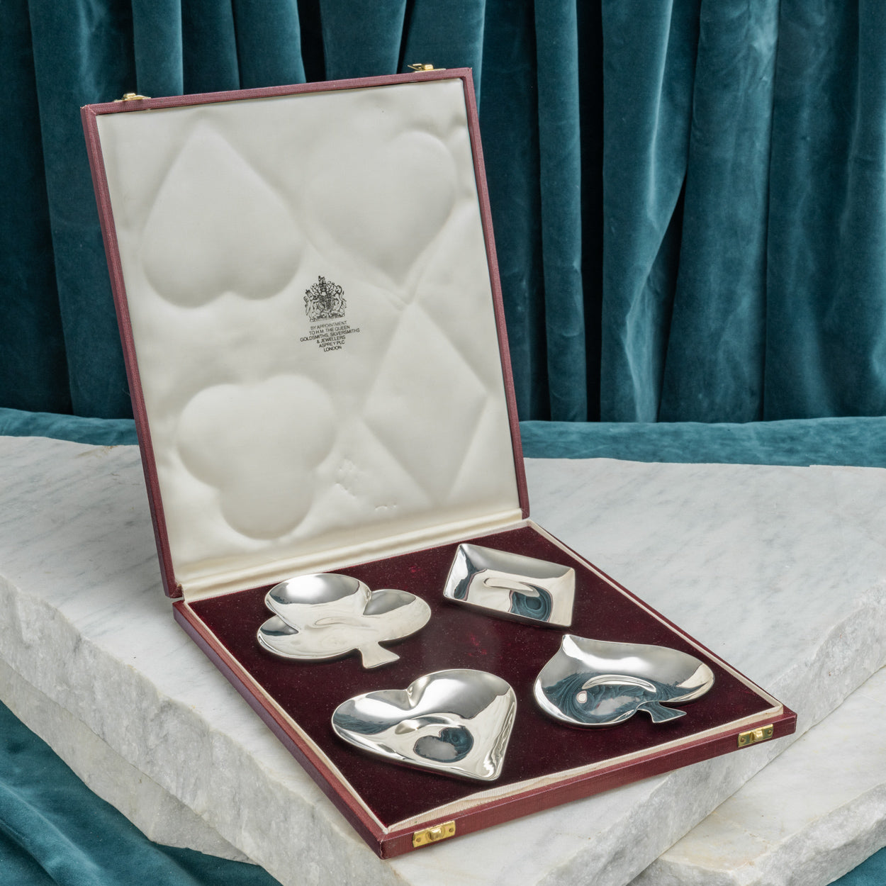 Asprey Cased Set of Silver Playing Card Suit Ashtrays