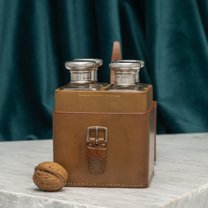 Leather Cased Set of Silver Top Bottles