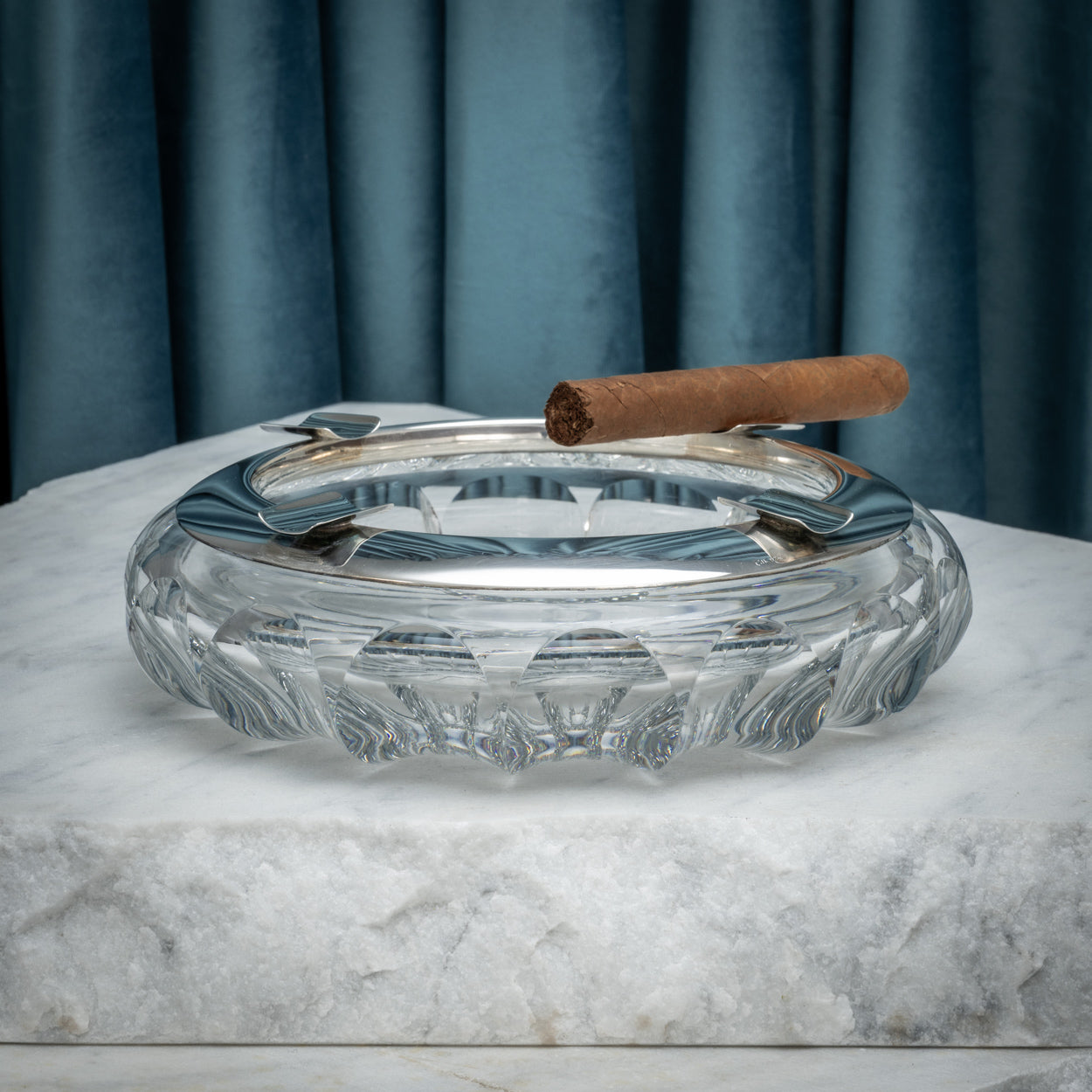 Large Silver Mounted Four Rest Cut Glass Cigar Ashtray