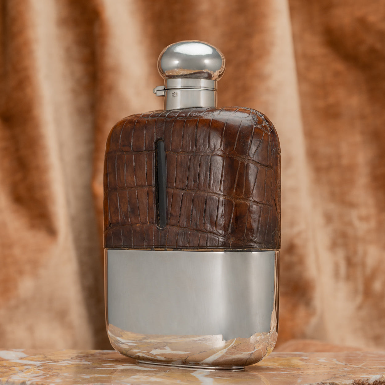 Large Silver Plate & Crocodile Skin Hip Flask