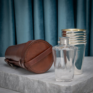 Set of Six Silver Beakers and Silver Topped Flask in Leather Case