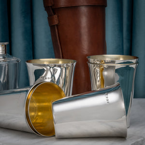 Set of Six Silver Beakers and Silver Topped Flask in Leather Case