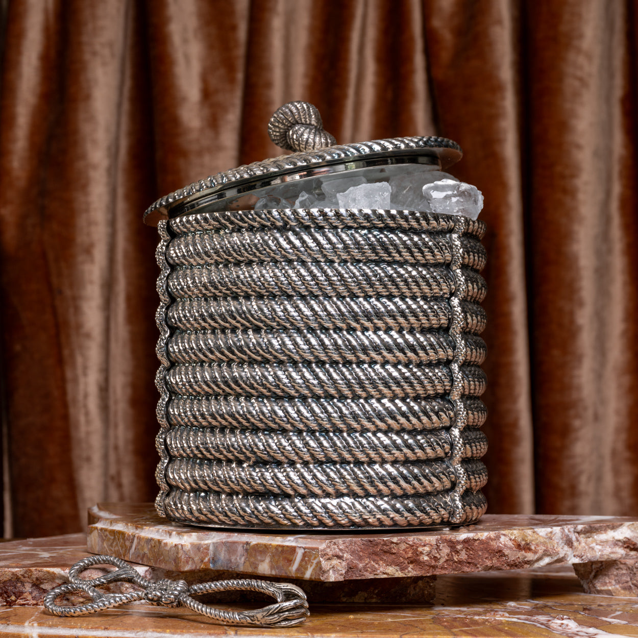 Silver Plated Rope Ice Cube Bucket and Ice Tongs Set