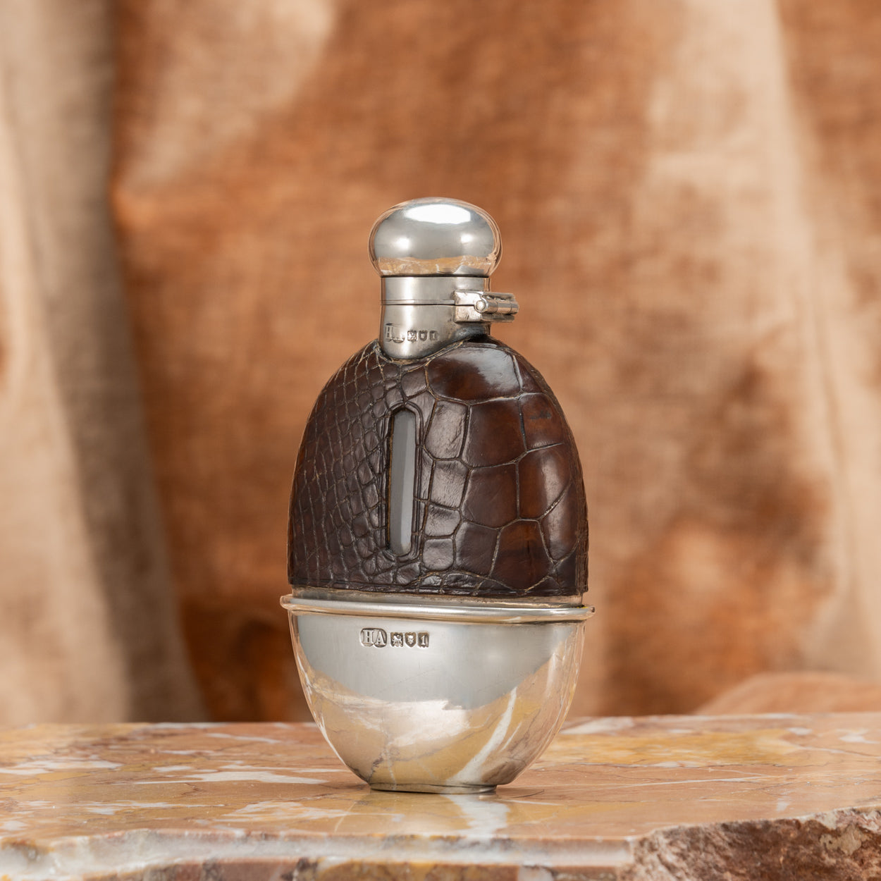 Oval Crocodile Skin & Silver Hip Flask