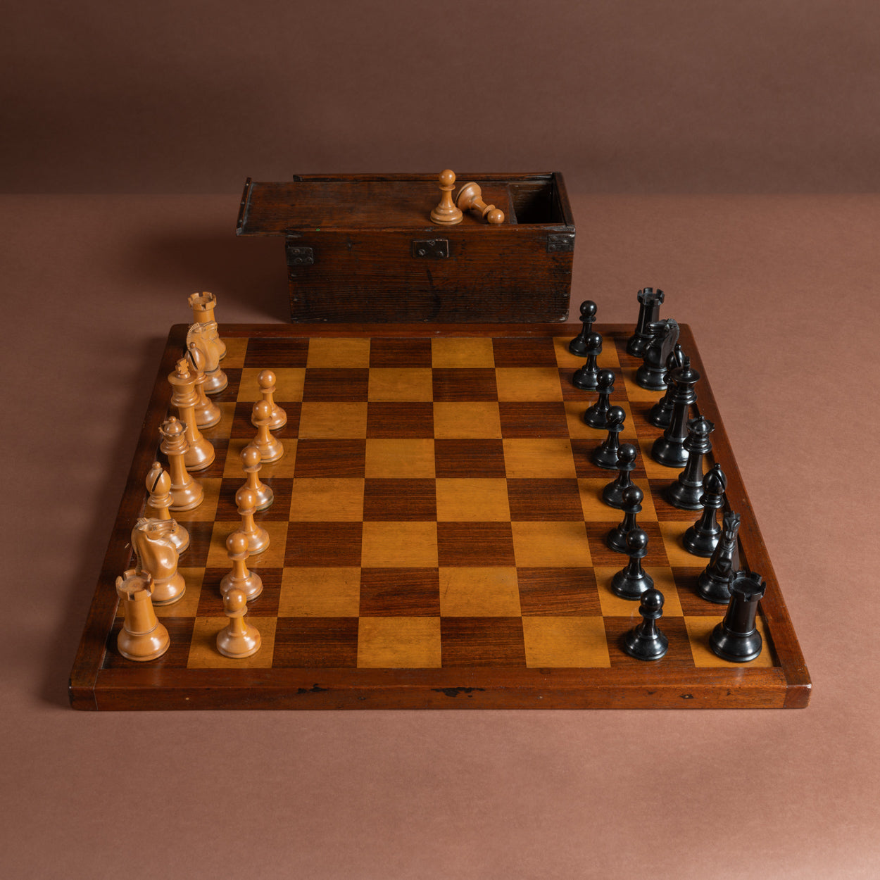 Victorian Boxed Tournament Size 'Staunton' Pattern Chessmen with Board
