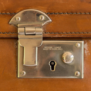 Close up of the nickel plated brass locks on an English leather case. 