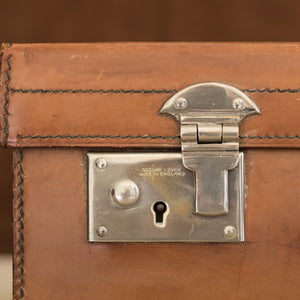 Close up of the nickel plated brass locks on an English leather case. 