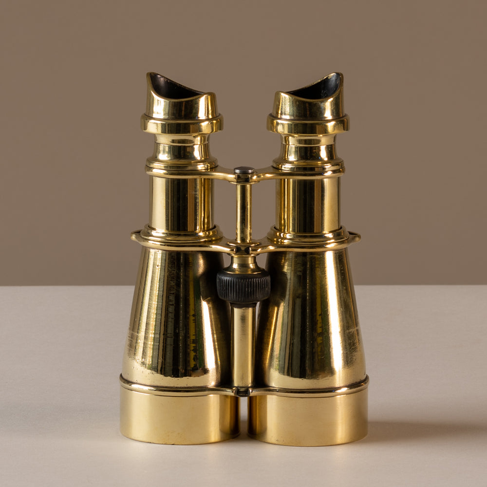 Front view of a pair of polished brass hand held binoculars by L. Petit of Paris, France, circa 1905. The eye pieces are at the top of the photo, sitting upright.