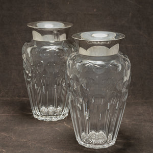 Pair of Large Cut Crystal Vases with Silver Collars