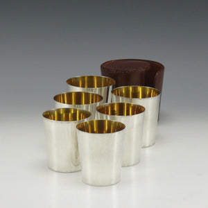 Set of Six Silver Beakers in Leather Case