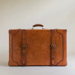 Large Tan Leather Suitcase with Straps and Tray