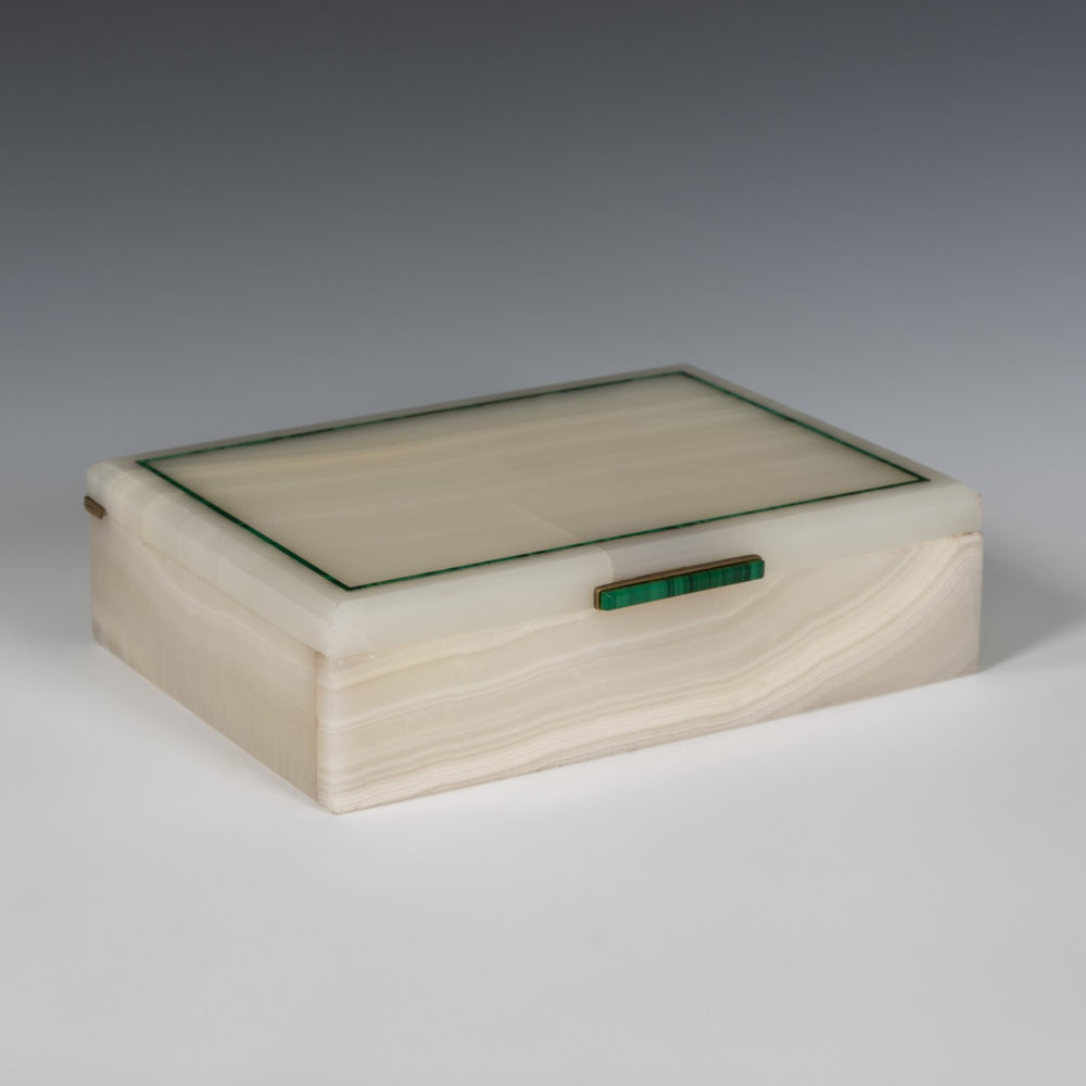 White Agate Stone Box with Inlaid Malachite