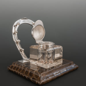 Crocodile Skin, Cut Glass and Silver Plate Equestrian Themed Ink Stand