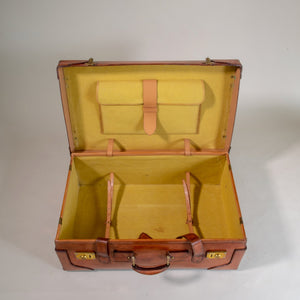 Large Tan Leather Suitcase with Straps and Tray